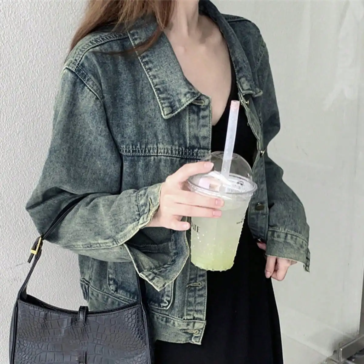 Korean Chic Autum Hong Kong Style Retro Washed Distressed Denim Gateking Small Fashionable Cardigan Outer Wear for Women