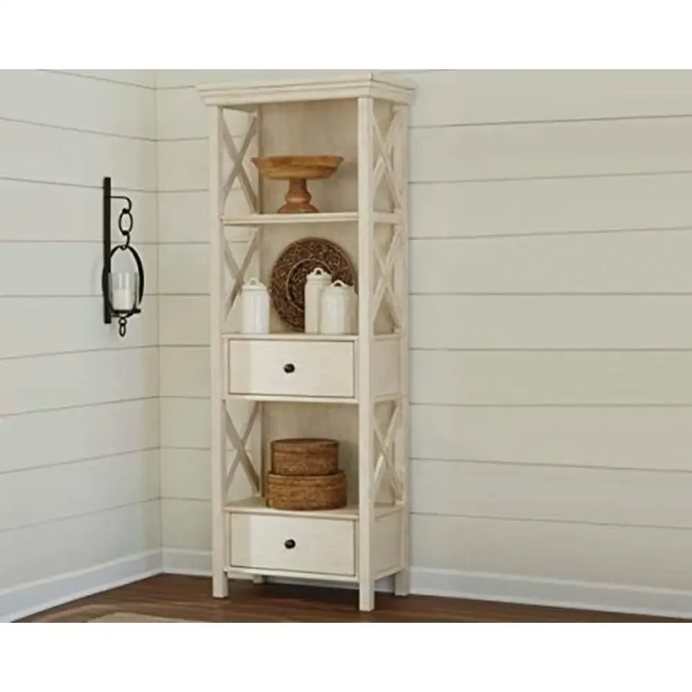 Cottage Chic Display Cabinet Bookcase Vintage Farmhouse Style 3 Shelves 2 Drawers Durable Antique White 25.5