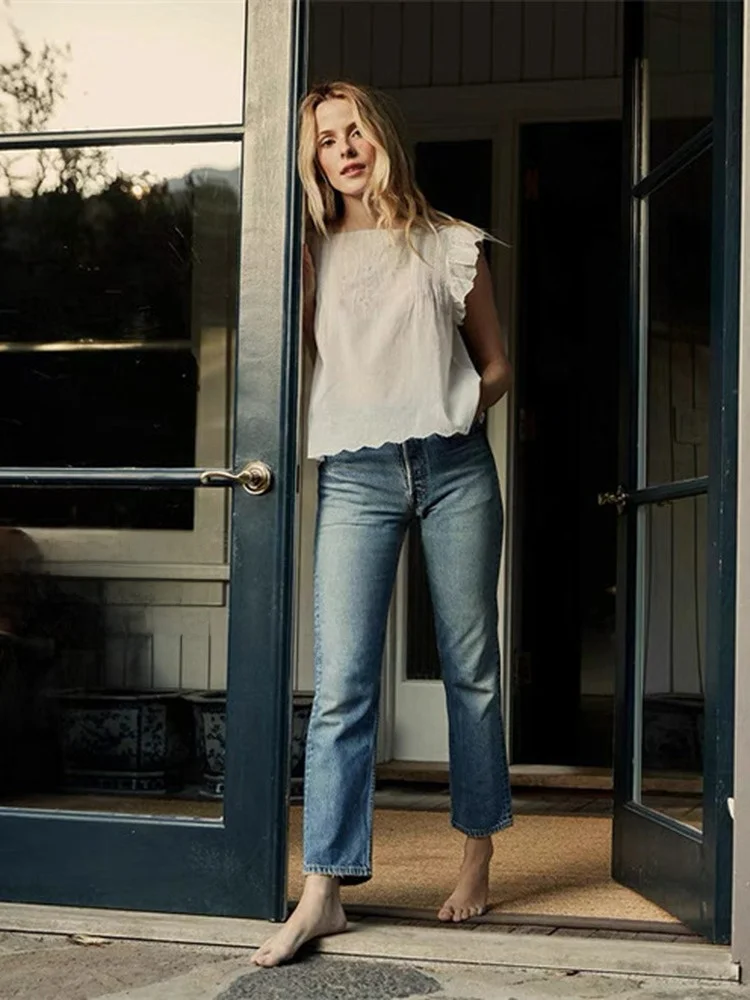 Susan Do Pure Cotton ort Sve Orlo de encaje bordado Fly Sve irt Top versátil azul claro para mujer Corte recto Summe...