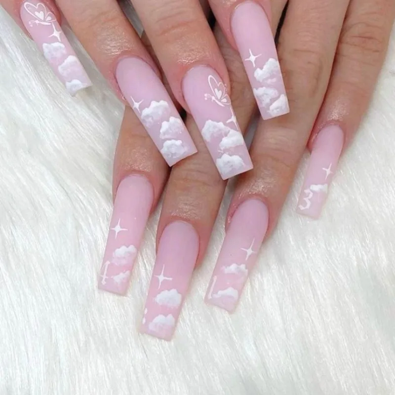 

Extra-long Water Pipe-shaped Fake Nail Art Wearable Pink Heart-shaped False Nails Set ABS Plastic Removable Press on Nails 24Pcs
