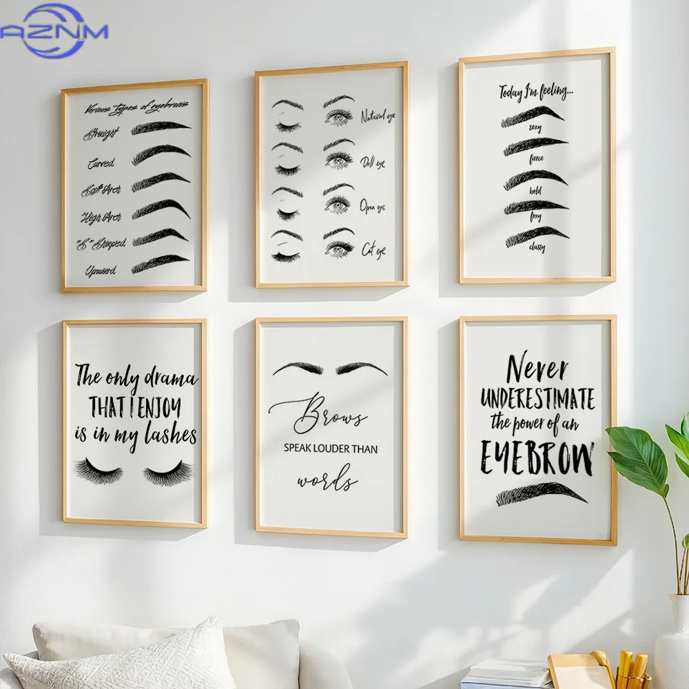 Set of 6 Eyebrow and Eyelash Canvas Wall Art Prints Beauty Salon Makeup Quote Posters Minimalist Black White Canvas for Bedroom