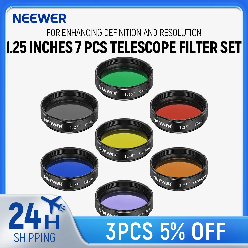 

Neewer 1.25 inches Telescope Moon Filter, CPL Filter, 5 Color Filters Set(Red, Orange, Yellow, Green, Blue), Eyepieces Filters