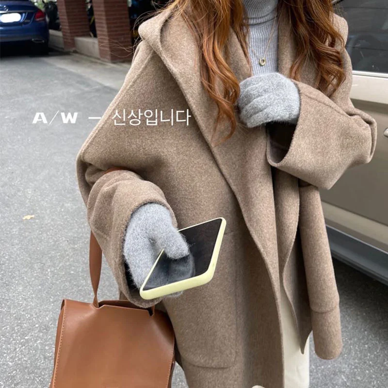 

2023 Korea East Gate Autumn/winter New Hooded Double Sided Wool Coat Women's Short Big Pocket Loose Wool Coat