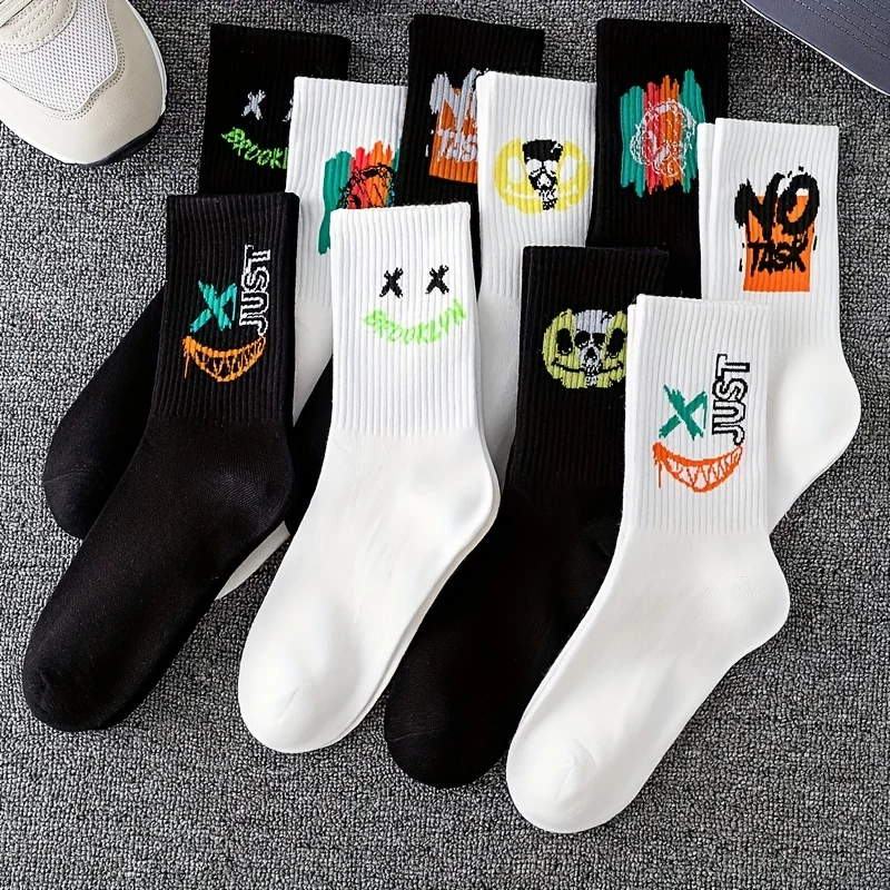 5/10 Pairs Women Men Crew Socks Cool Cartoon Pattern Couple Funny Socks Middle Tube Basketball Socks Paired Halloween