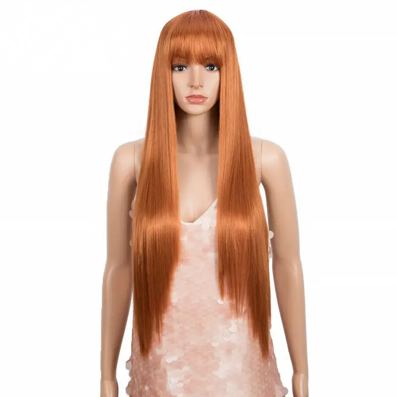 Woman Long Orange Straight  With Bangs Highlight Synthetic Costume Party wig