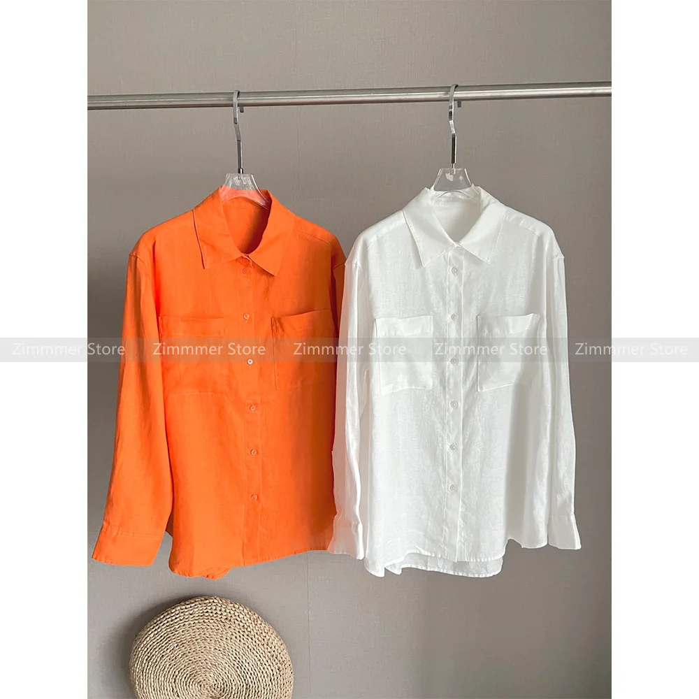 

Linen shirt female 2024 spring and summer new solid color lapel loose commuter loose sense of long-sleeved blouse