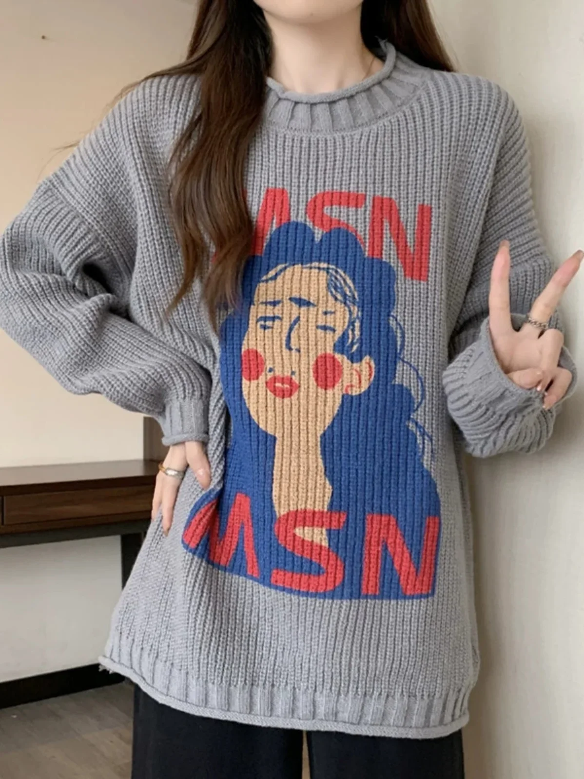 Women Blue Pullover Knitted Sweater Harajuku Aesthetic Y2k Large Size Long Sleeves Sweaters Fashion Vintage 2000s Clothes 2024