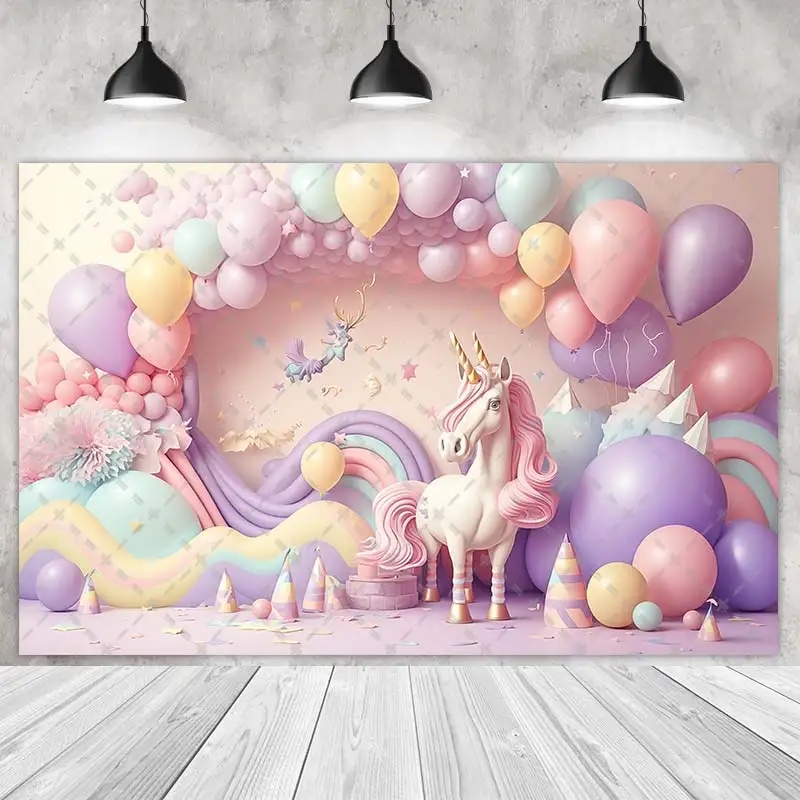 Unicorn Party Backdrops Princess Girl Birthday Photography Cake Smash Rainbow Balloons Background Shoot Customize Name Photo