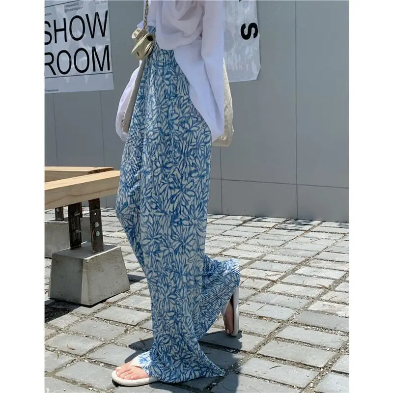 Women\'s Clothing Summer Fashion Vintage Print Pleated Wide-leg Pants Female Casual High Waist Loose Straight Trousers Pantalones