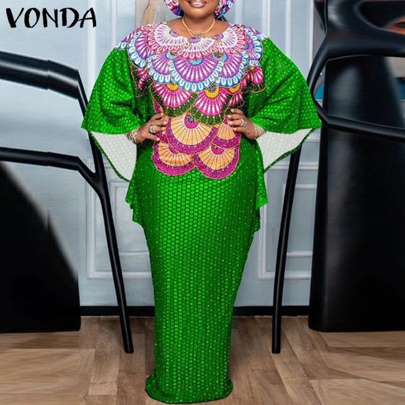 

Plus Size VONDA Women Bohemian Printed Dresses 2025 Vestidos Oversize Long Sleeve Causal Loose Maxi Sundress Robe Long