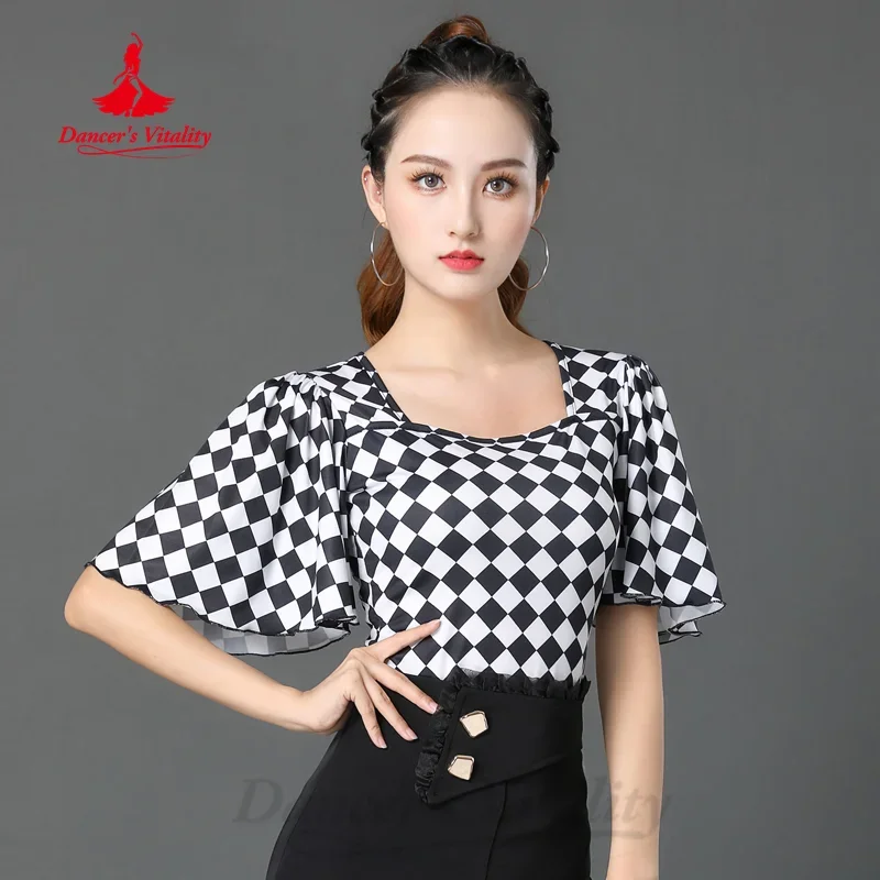 Latin Dance Practice Costumes Customized Horn Sleeves Half Sleeves Black and White Plaid Top Tango Chacha Performance Clothing