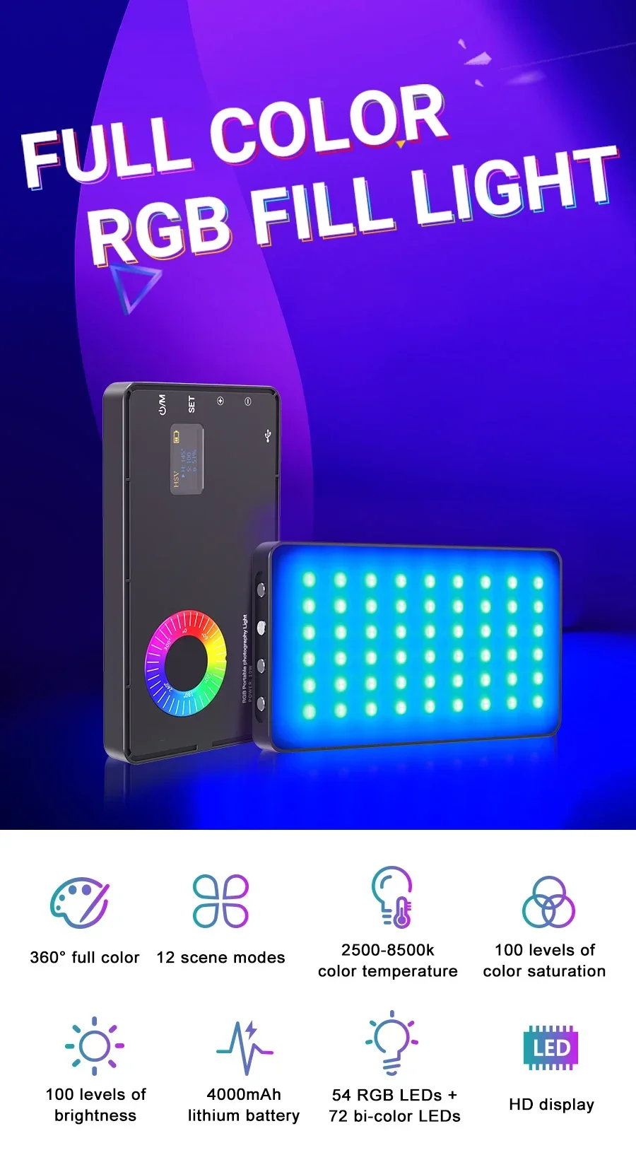 M1SE 2500-8500K RGB Video Fill Light with 4 modes 4000mAh CRI 95+ Photographic Lighting for Camera Selfie Vlog Atmosphere Light