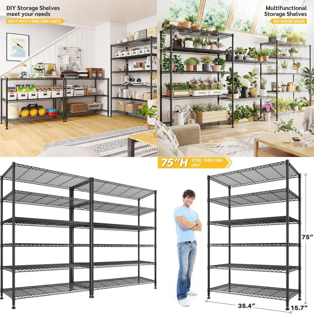 

6-ярусный металлический стеллаж с регулируемыми полками, 35,4 x 75 x 15,7 дюймов, грузоподъемность 1200 фунтов, сверхпрочная система хранения для G