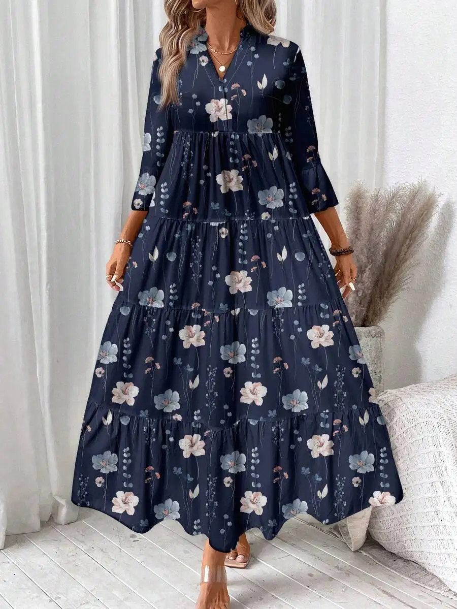 

Elegant Floral Print Tiered Maxi Dress For Women Casual Loose Fit Autumn Winter