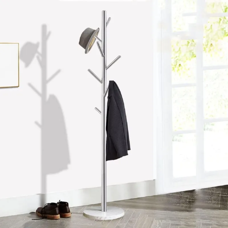 Jolitac Metal Coat Rack Stand Satin Steel Finish Stable Marble Base, High-Grade with Hooks Metal Tree Hat&Coat Hanger Floor Free