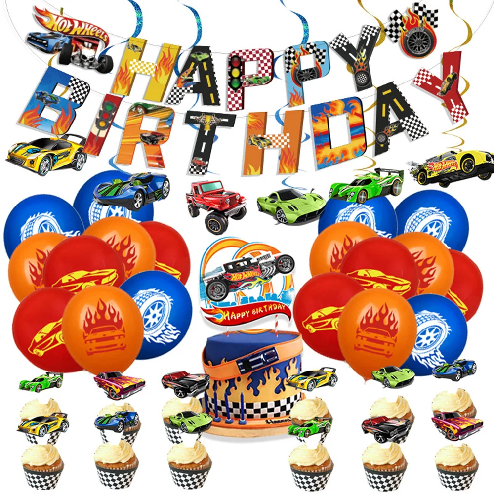 

44 PCS/set Hot Wheel Party Decorate Balloon Banner Spiral Flag Cupcake Topper Baby Shower Boy Racing Car Birthday Party Supplies