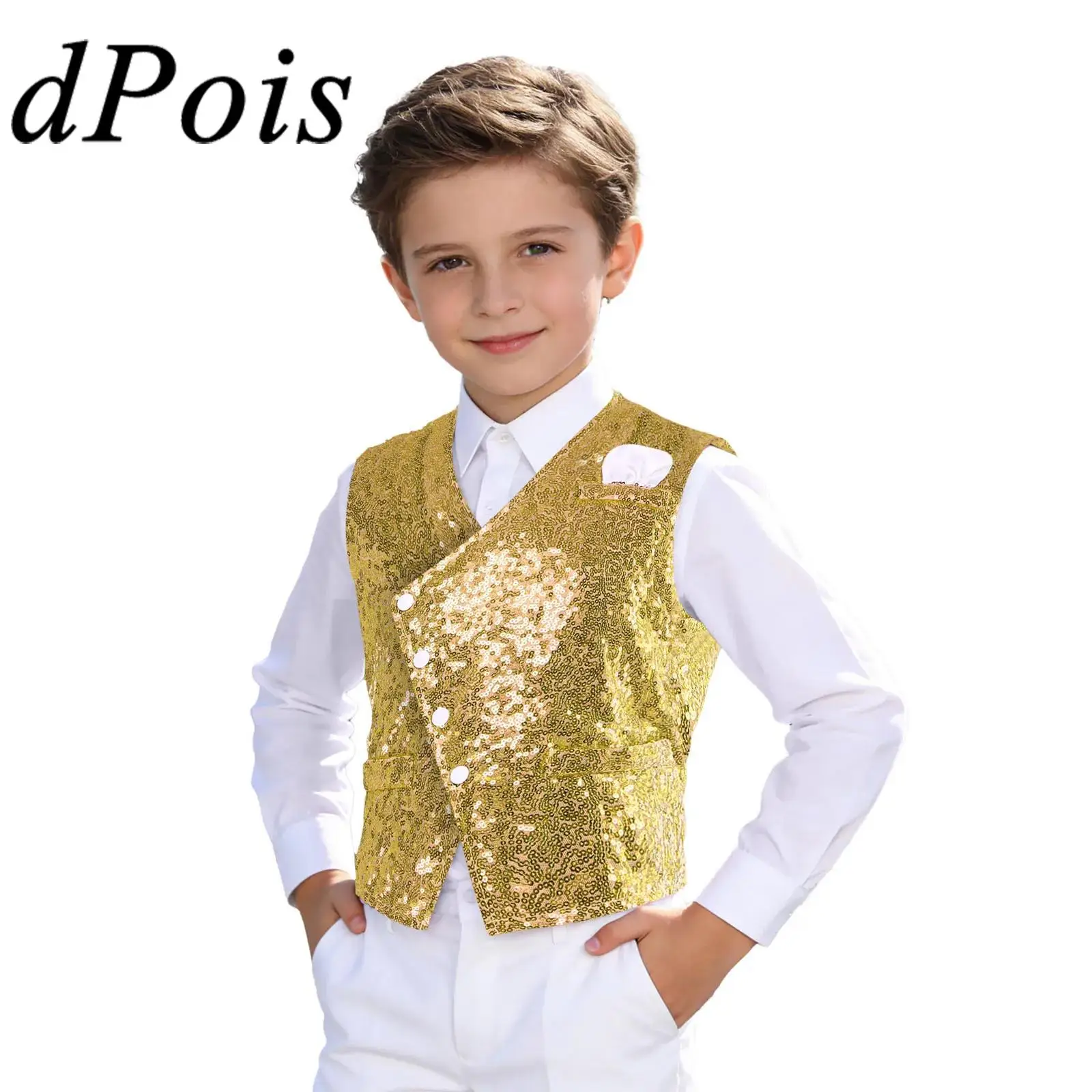 어린이 소년 반짝이 스팽글 댄스 조끼 패션 아동 버튼다운 조끼 탱크탑 생일 파티 프롬 웨딩 코스튬 조끼