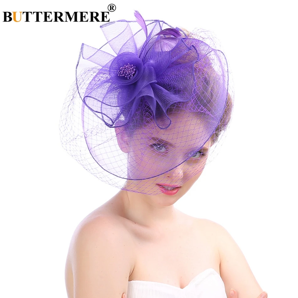 

BUTTERMERE Purple Pillbox Hat with Veil Fedora Women Wedding Net Hat Ladies Elegant Female Fancy Bride Tea Party Hat New Design