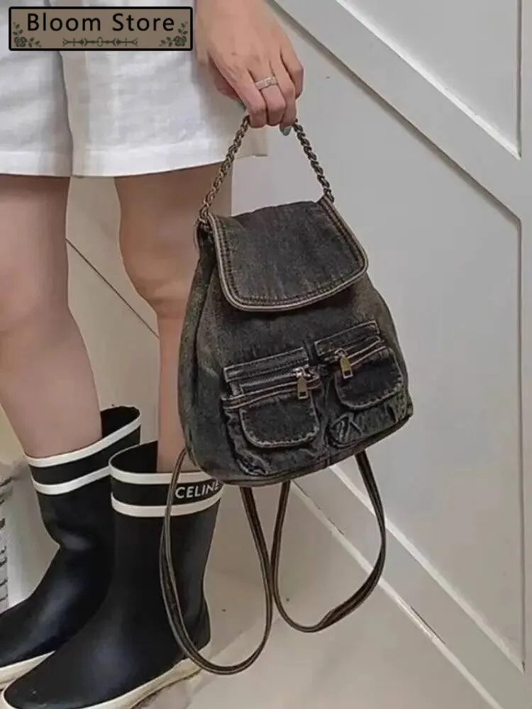 

Bloom Vintage Denim Mini Backpack Women 2025 Retro High Street Pocket Chain Chic Y2k Mochila Girls Casual Backpacks Aesthetic