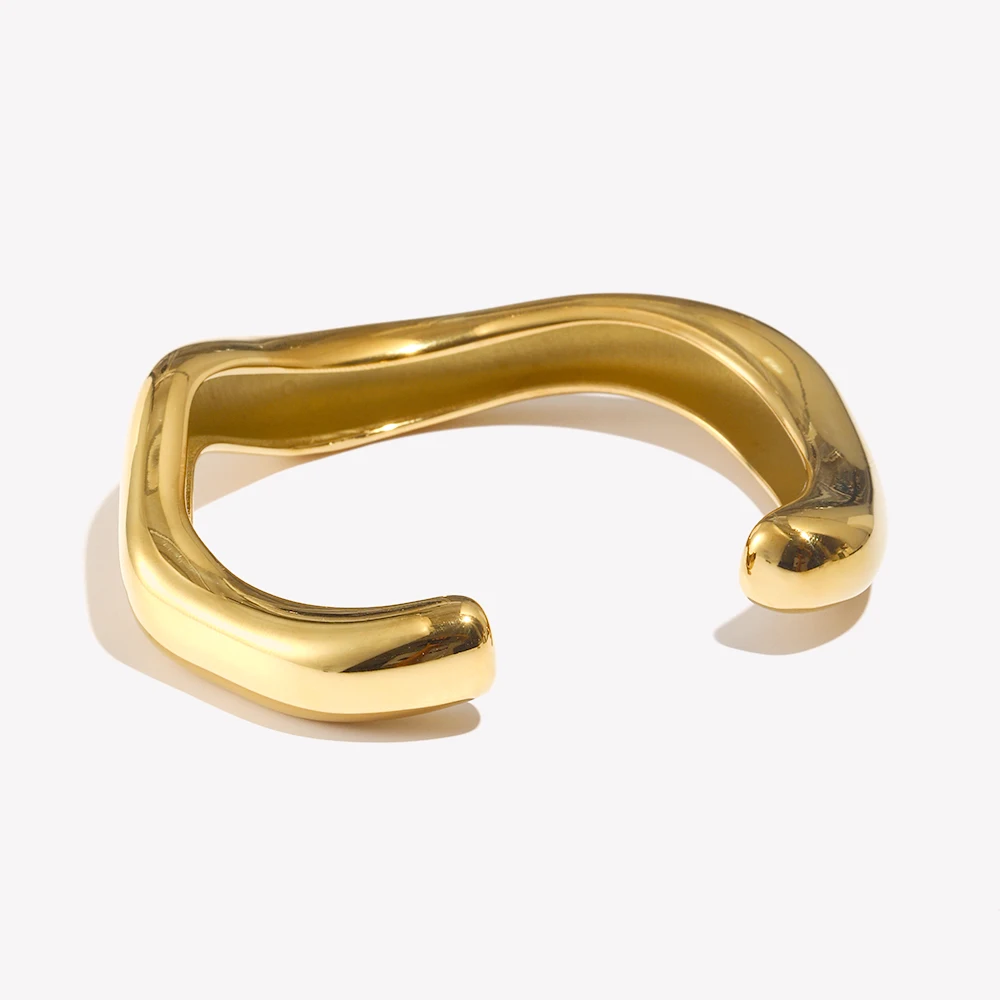 E.B.belle Exaggerated Irregular Liquid Wave Open Bracelet 18K Gold Plated Women\'s Hand Bracelets Stainless Steel Jewelry
