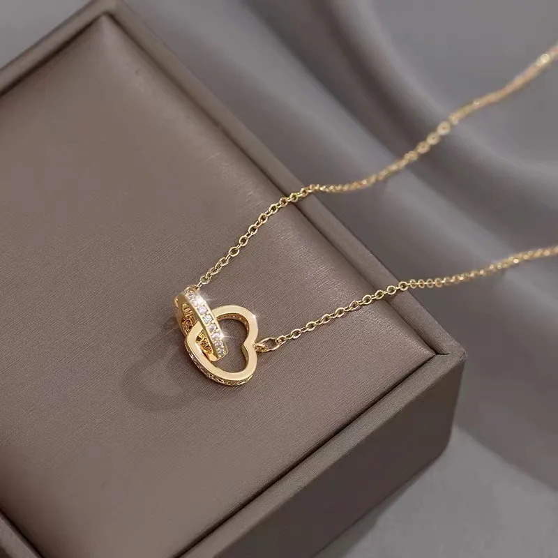 

Корейская мода, милое классическое минималистичное Двойное сердце, подвеска, цепочка, соединяющие ожерелья для женщин, бриллиантовые подарки, ювелирные изделия