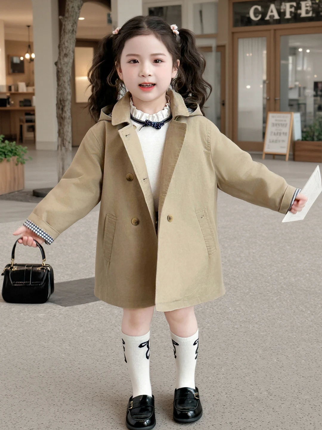 

Модная куртка с капюшоном для девочек в корейском стиле, весенне-осеннее модное детское пальто с длинными рукавами и двойной застежкой на пуговицы, верхняя одежда