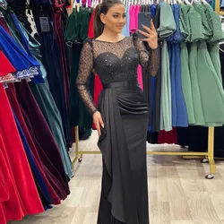 Eightale Arabic Evening dresses 2024 O-Neck Sequin Beaded Long Sleeves Mermaid Satin Modest Prom Party Gown Robe De Soirée