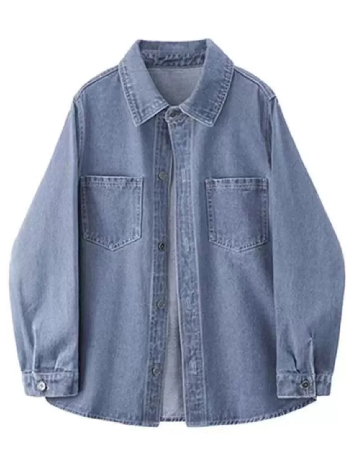 

Blue Waed Denim irt Casual Loose Open Cardigan Collar Jaet FTFLAB Vintage Sle Long Sve Cotton Blend Ne