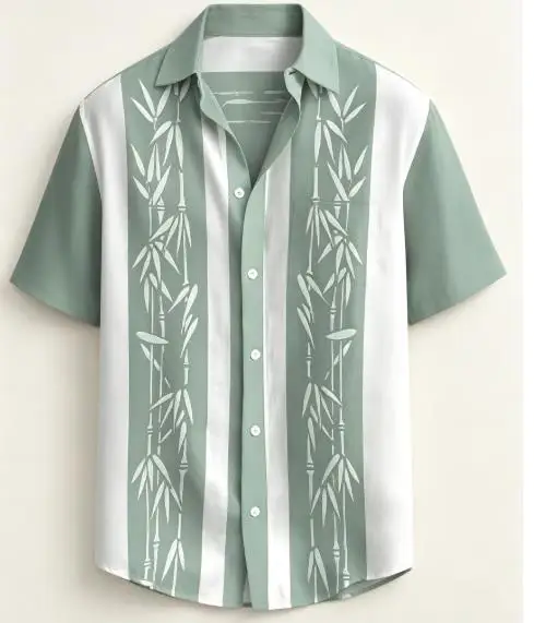 Men Short Sleeve Shirt Bamboo Vertical Stripe Print Turn‑Down Collar Button‑Up Casual Summer Top
