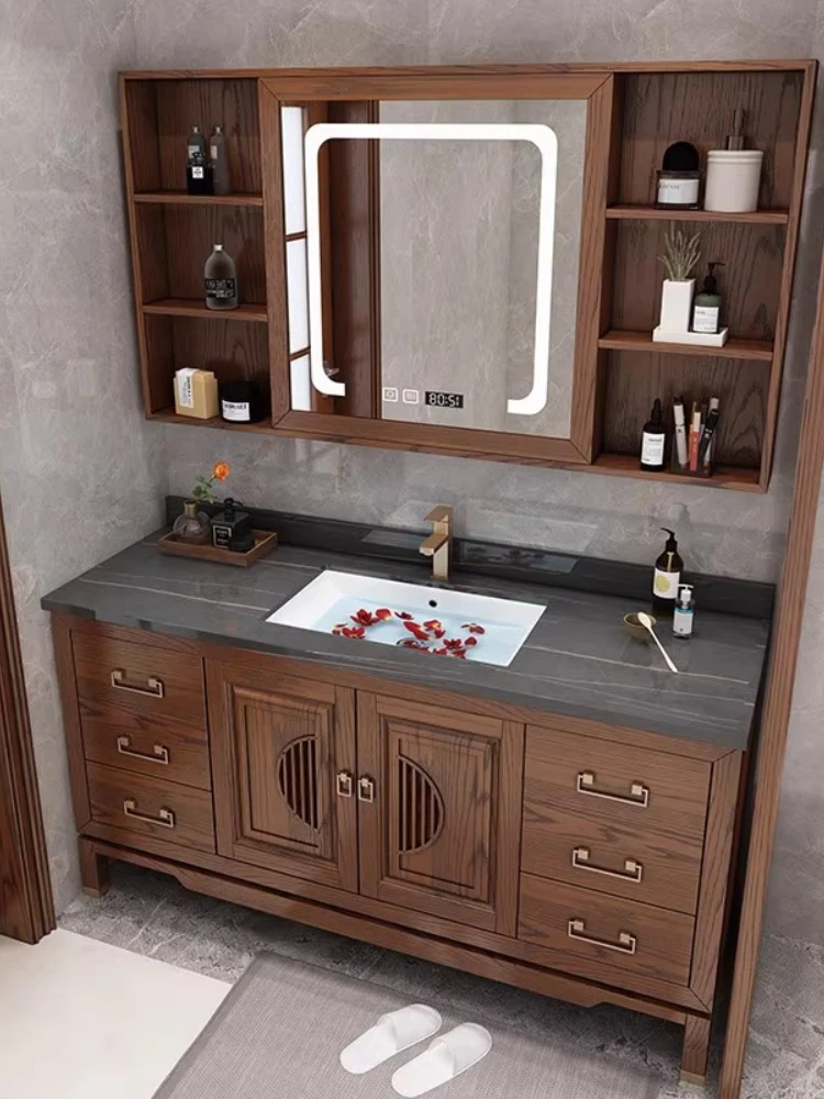 

New Chinese solid wood bathroom cabinet combination slate smart mirror cabinet red oak wash cabinet