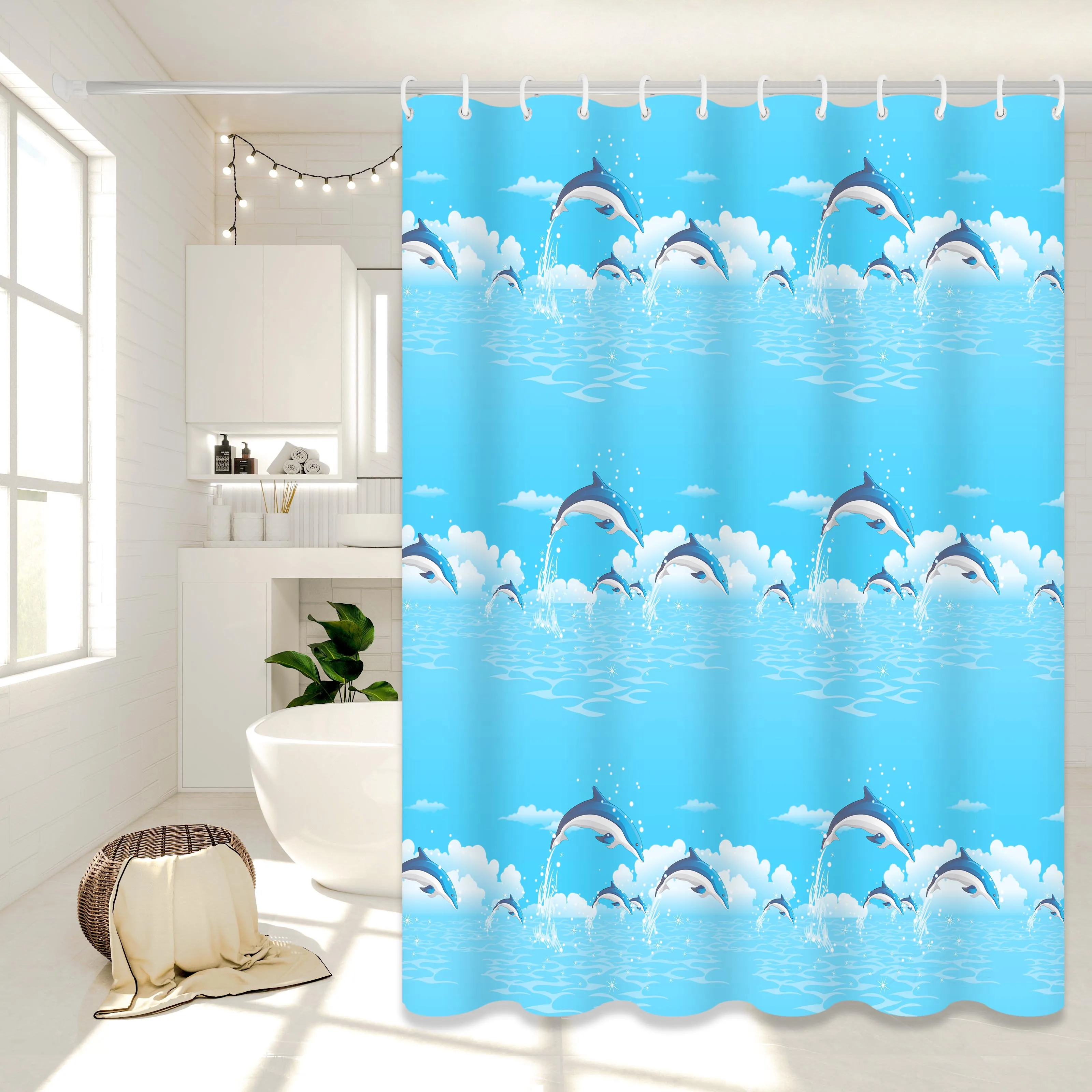 Dolphin Print Cartoon Shower Curtain, Ocean-Themed Bathroom Curtain, Cute Bathroom Curtain for Parent-Child Room