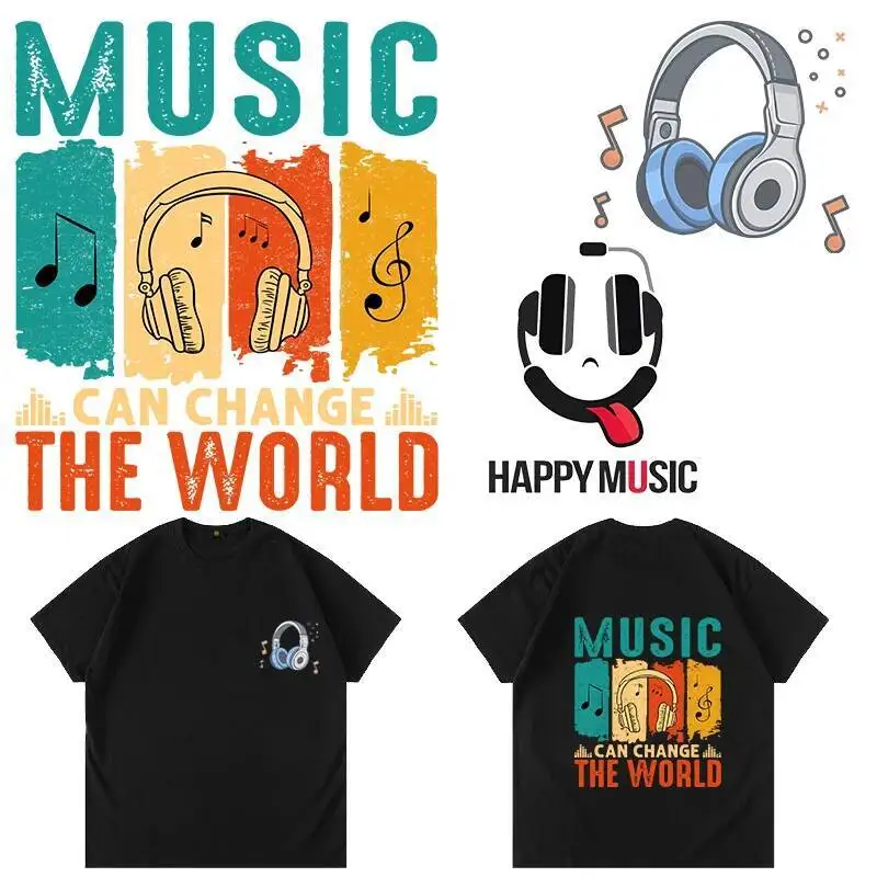 Beautiful clothing heat transfer music headphones vinyl home iron ironing patch DIY decorative accessories