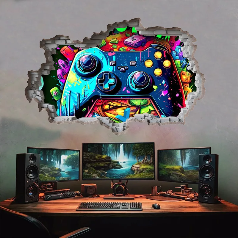 Colorful Game Wall Hole Art Cool Gamepad Vinyl Mural Stickers for Home Decoration Kids Room Gaming Zone Gamer Favor Poster Gifts