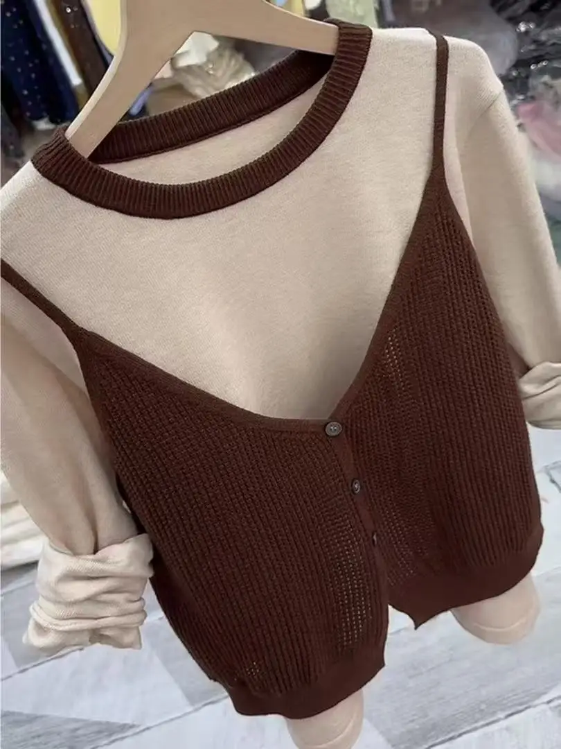 Korean Contrasting Color Round Neck Fake Two-piece Knitted Long-sleeved Women's 2025 Autumn Winter Vest Slimming Versatile Top