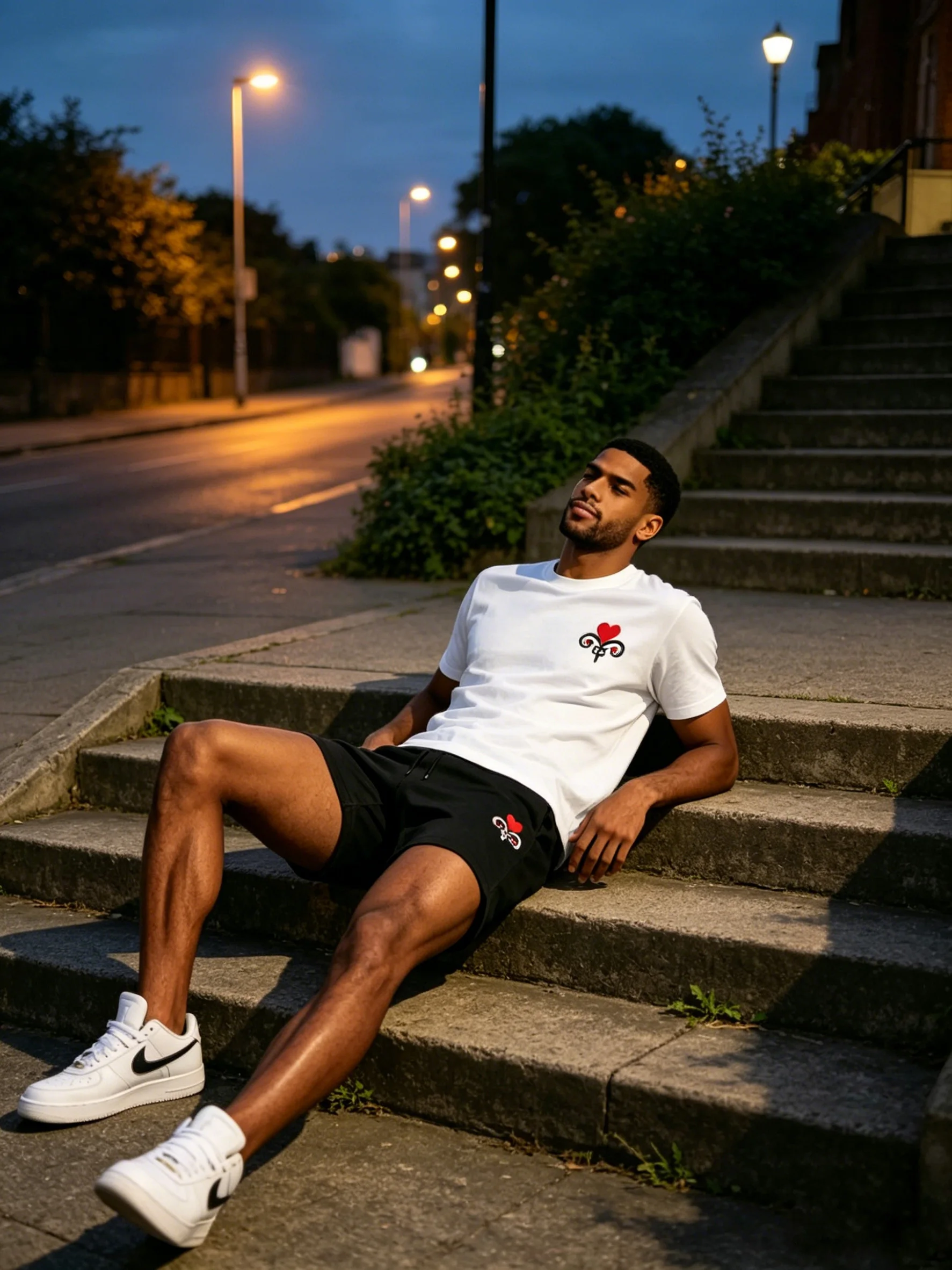 

Summer Men's Vintage Heart Print T Shirt and Shorts Matching Set, Street Style Casual Tracksuit