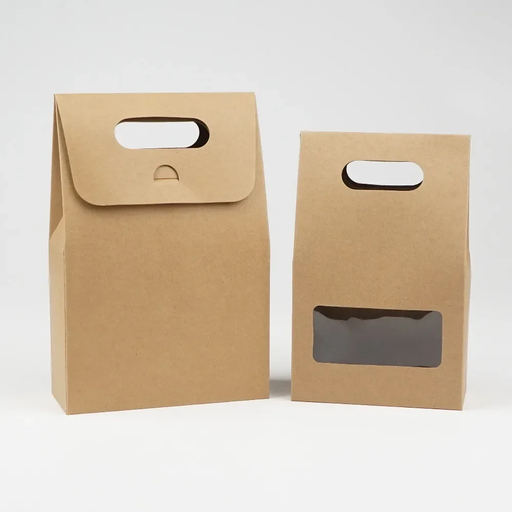 

DHL 150Pcs 10.5*15+6cm Bottom Stand Up Kraft Paper Handle Storage Bags With Clear Window For Nuts Food Snack Doypack Pouches