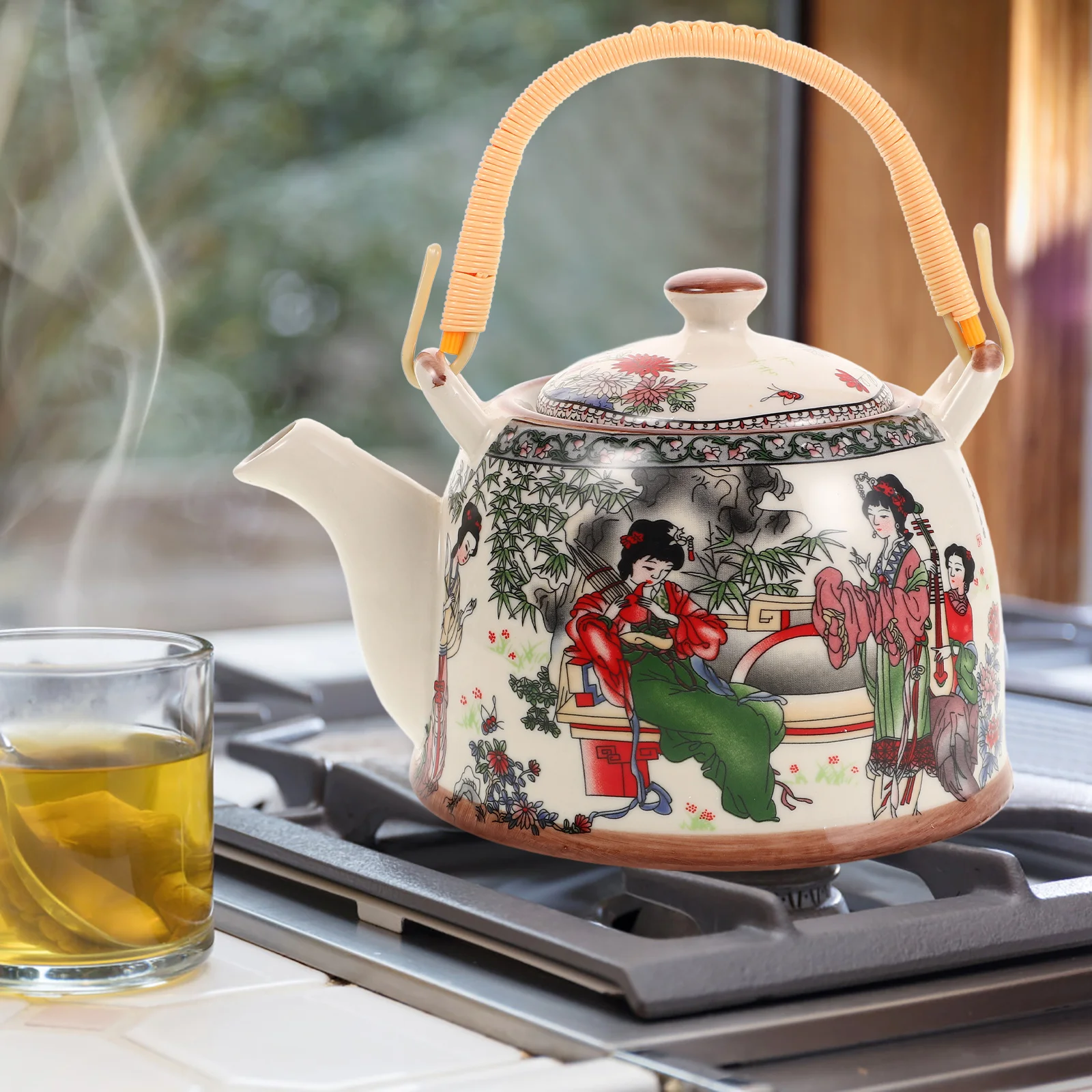 

Chinese Vintage Ceramic Tea Kettle Four Pattern Porcelain Teapot Gas Stove Boiling Water Kettle 900Ml