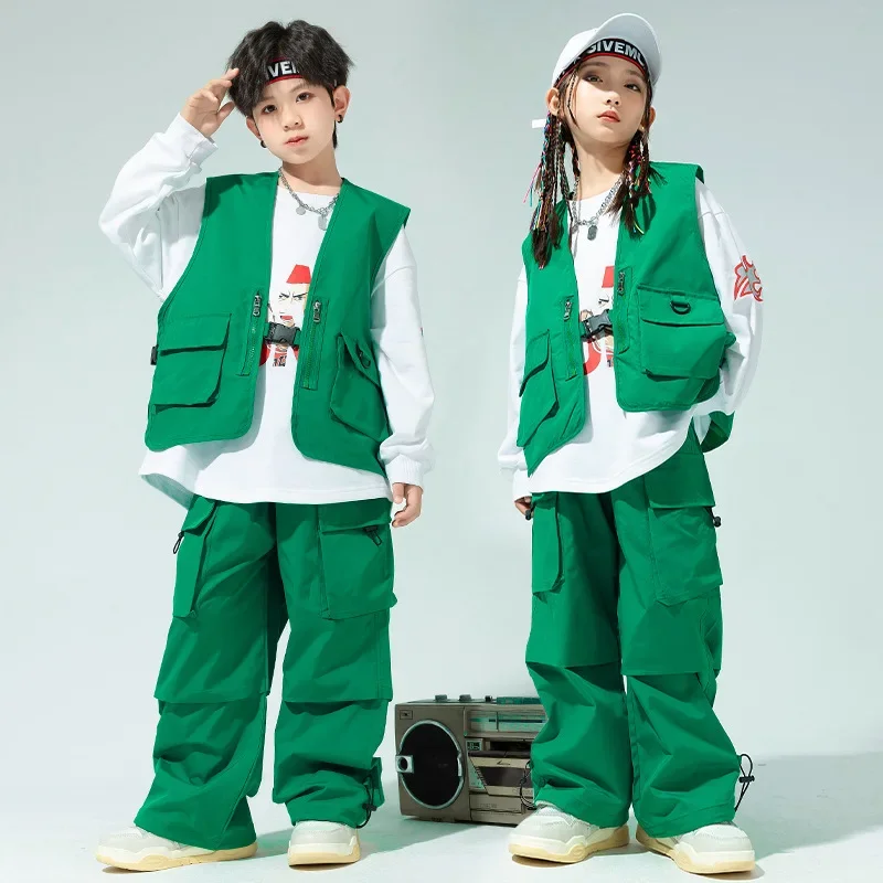 

Girls Boys Green Hip Hop Dance Clothes Sets Loose Vest Pants Jazz Practice Wear Kids Group Concert Catwalk Street Dance Costume