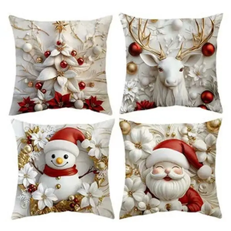 VIKAMA Christmas Cushion Cover Beige Santa Snowman Xmas Ball Holly Gift Throw Pillow Cover Sofa Christmas Party Home Decor