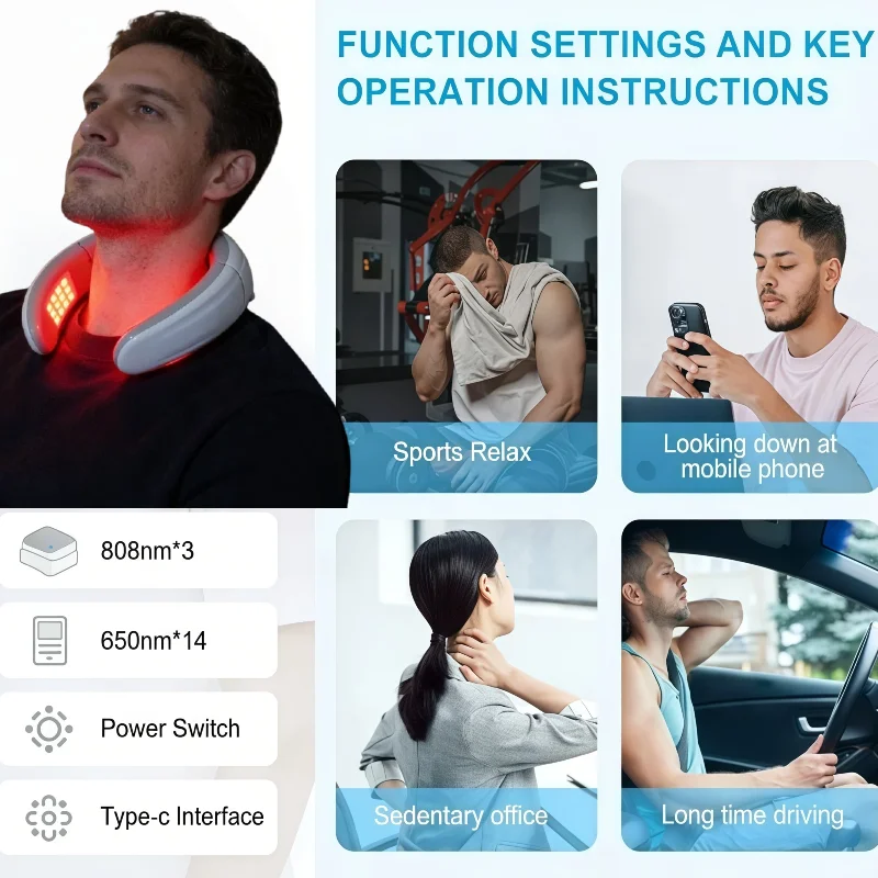 

Массажер для шеи от скованности суставов и мышц, беспроводное устройство для шейного отдела с подогревом и красной светотерапией 650 нм + 808 нм