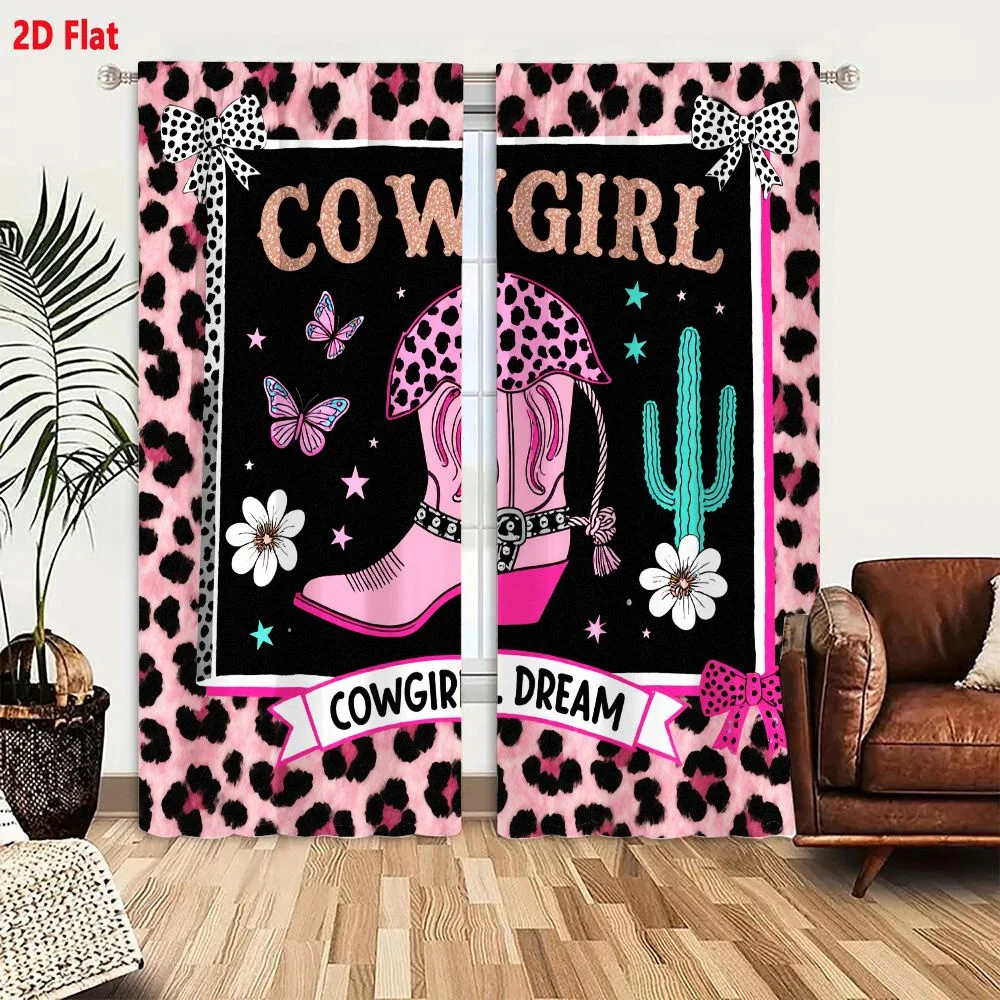 2Pcs Curtains 2D Flat Cute Girly Western Cowgirl Dream Graphic Design - Pink Leopard Print, Glittery Gold Cowgirl, Pink Cowboy B
