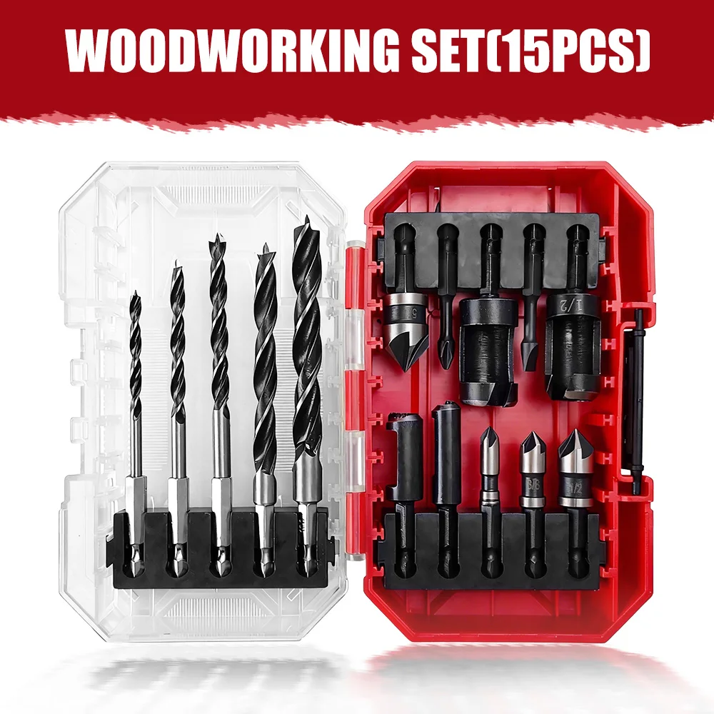 

15PCS Auger Drill Bit Set, Three-Point Woodworking Drill Bits, 1/4 Hex Shank Hole Opener for Wood Board