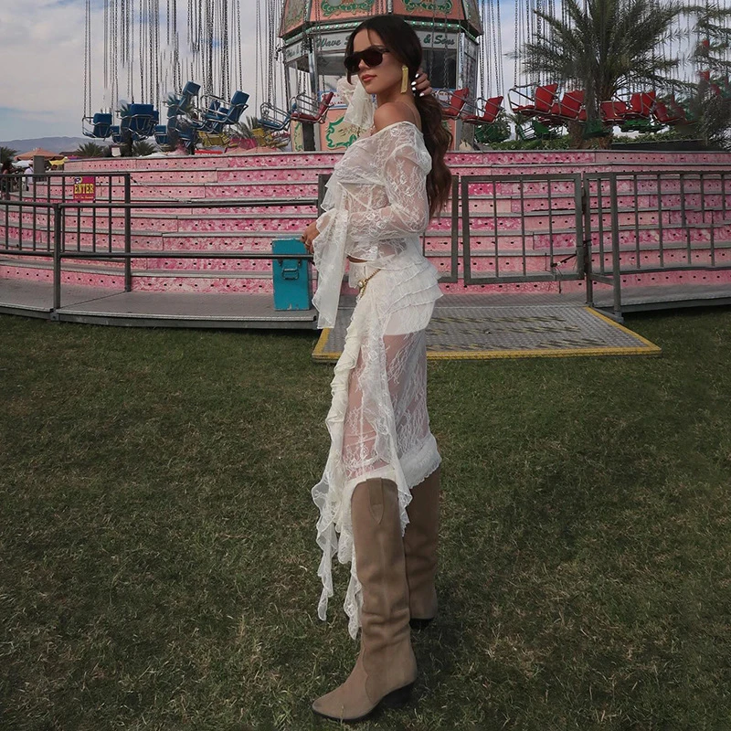 Tornova Lace Splice Ruffled T เสื้อผู้หญิงเซ็กซี่ดูผ่าน Lace Up แขนยาวสั้นลึก V คอหญิงเสื้อสเวตเตอร์ถัก Outwear