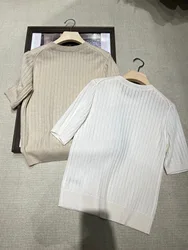 Ribbed cashmere casual knitted short sleeve sweater