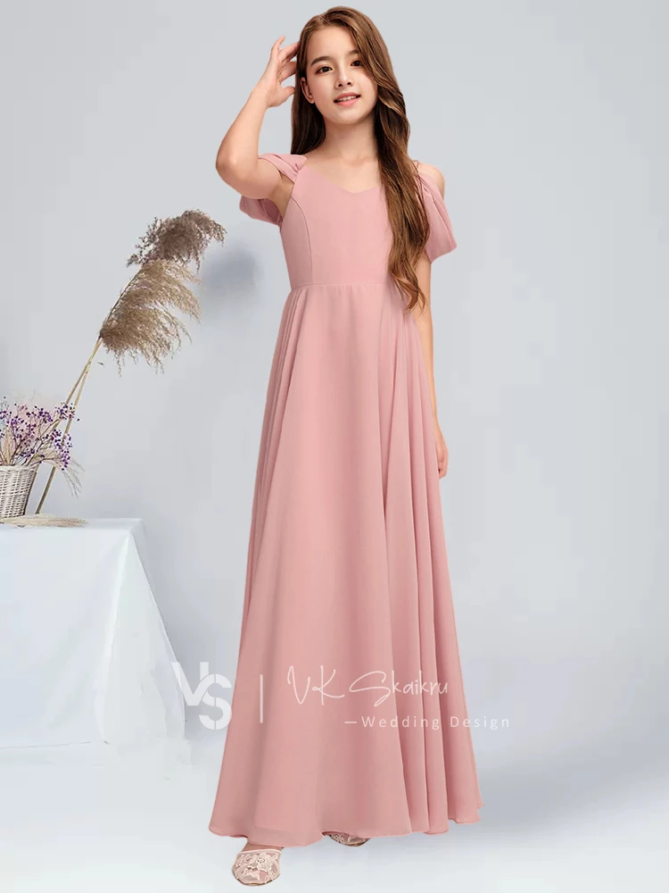 A-line Cold Shoulder Floor-Length Chiffon Junior Bridesmaid Dress With Pleated Blush Flower Girl Dress Party For Wedding Kids