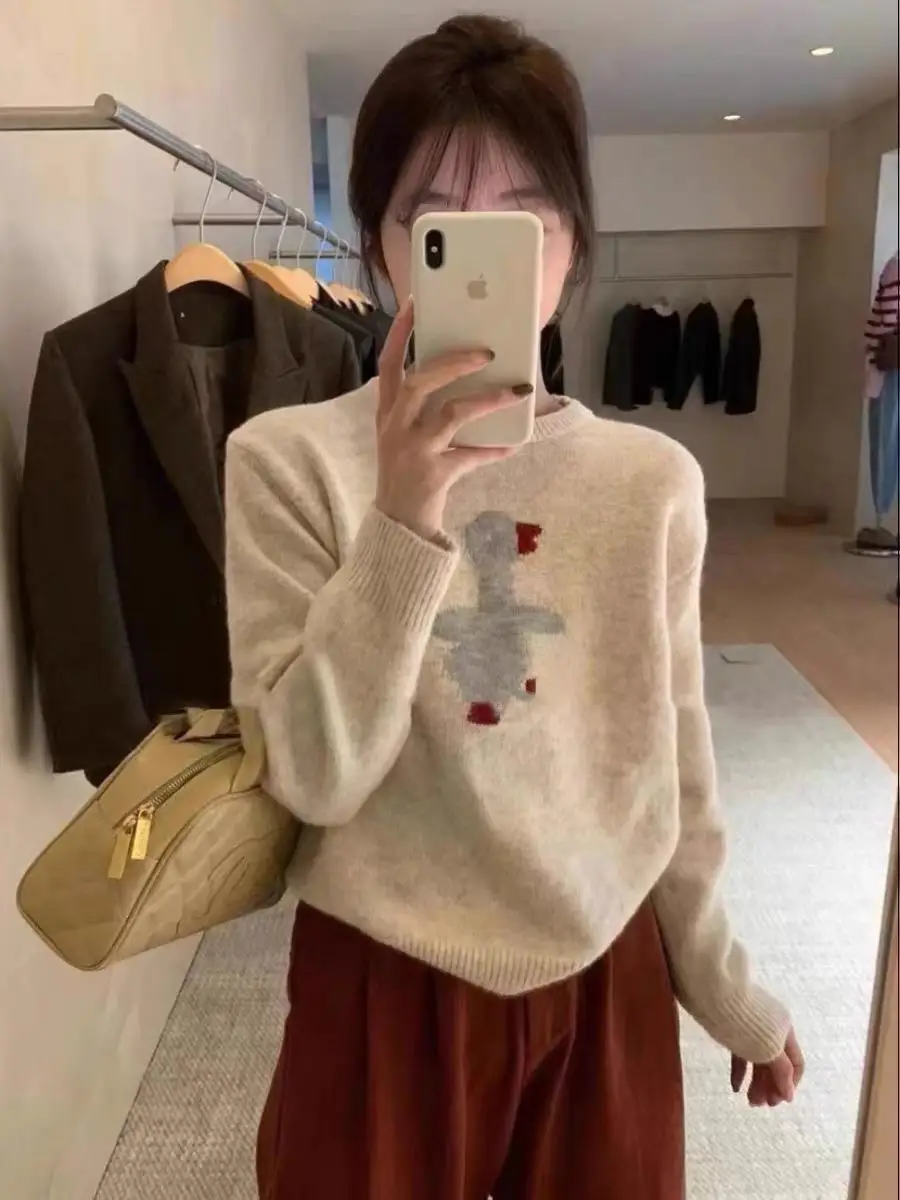 

Корейский круглый вязаный свободный брючный свитер из чистой шерсти, женский свитер с рисунком Да, осень-зима, Новое поступление, Camere Base S...