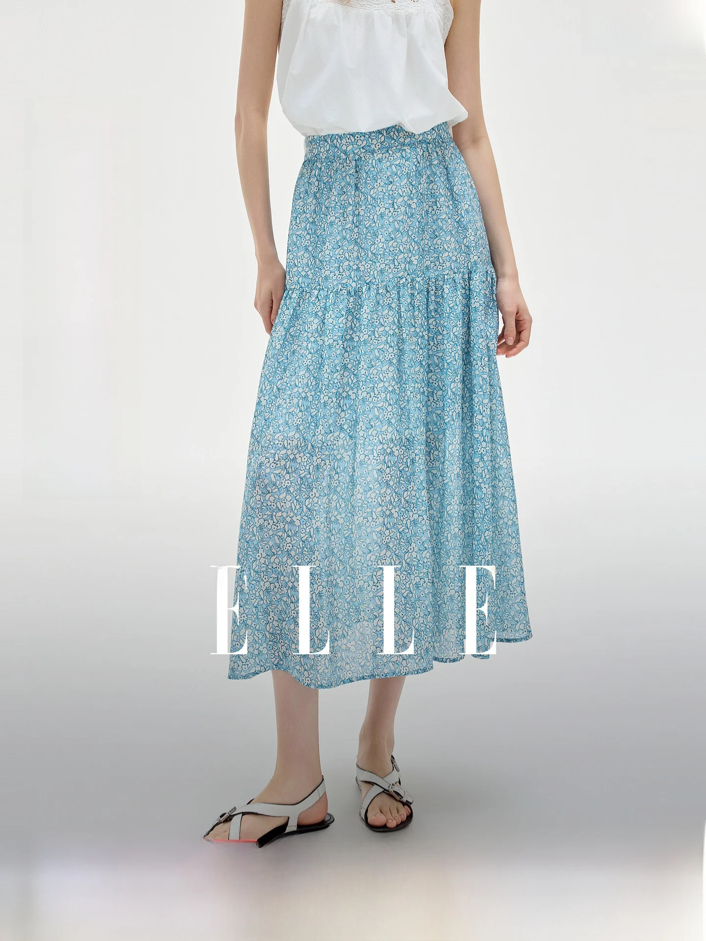 

ELLE Women's A-Line Midi Skirt Elastic Waist Floral Print Summer New Arrival High-End Feeling Casual Commute Style Half-lengt...