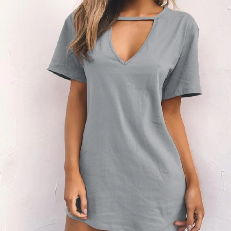 Summer Sexy Mini Black Dress 2023 V Neck Cut Out Loose Dress Women Elegant Short Sleeve Club Party Dress Solid Color Streetwear