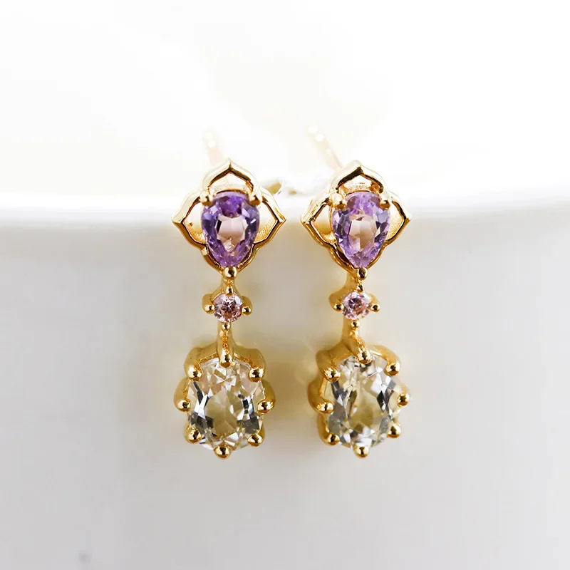 LAMOON Stud Earrings Purple Natural Amethyst Topaz 925 Sterling Silver Light Gold Color Earring Vintage Fine Jewelry Gift EI191