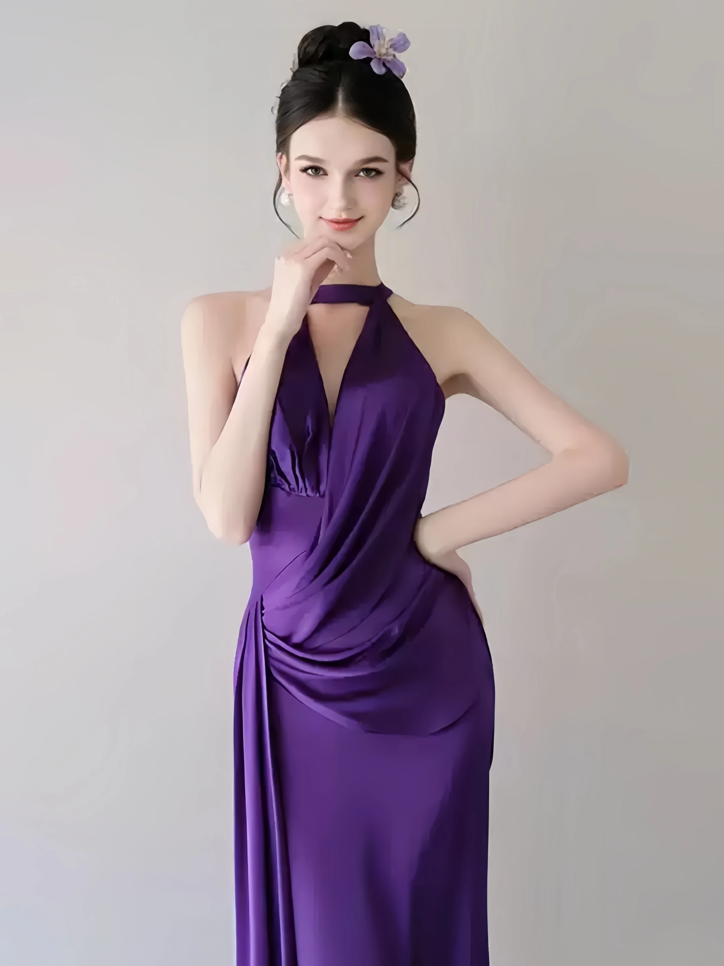 Precioso vestido de noche morado con escote en V profundo, falda estilo cuello colgante, cola con abertura lateral, adecuado para vestido Formal de fiesta para banquete para mujer